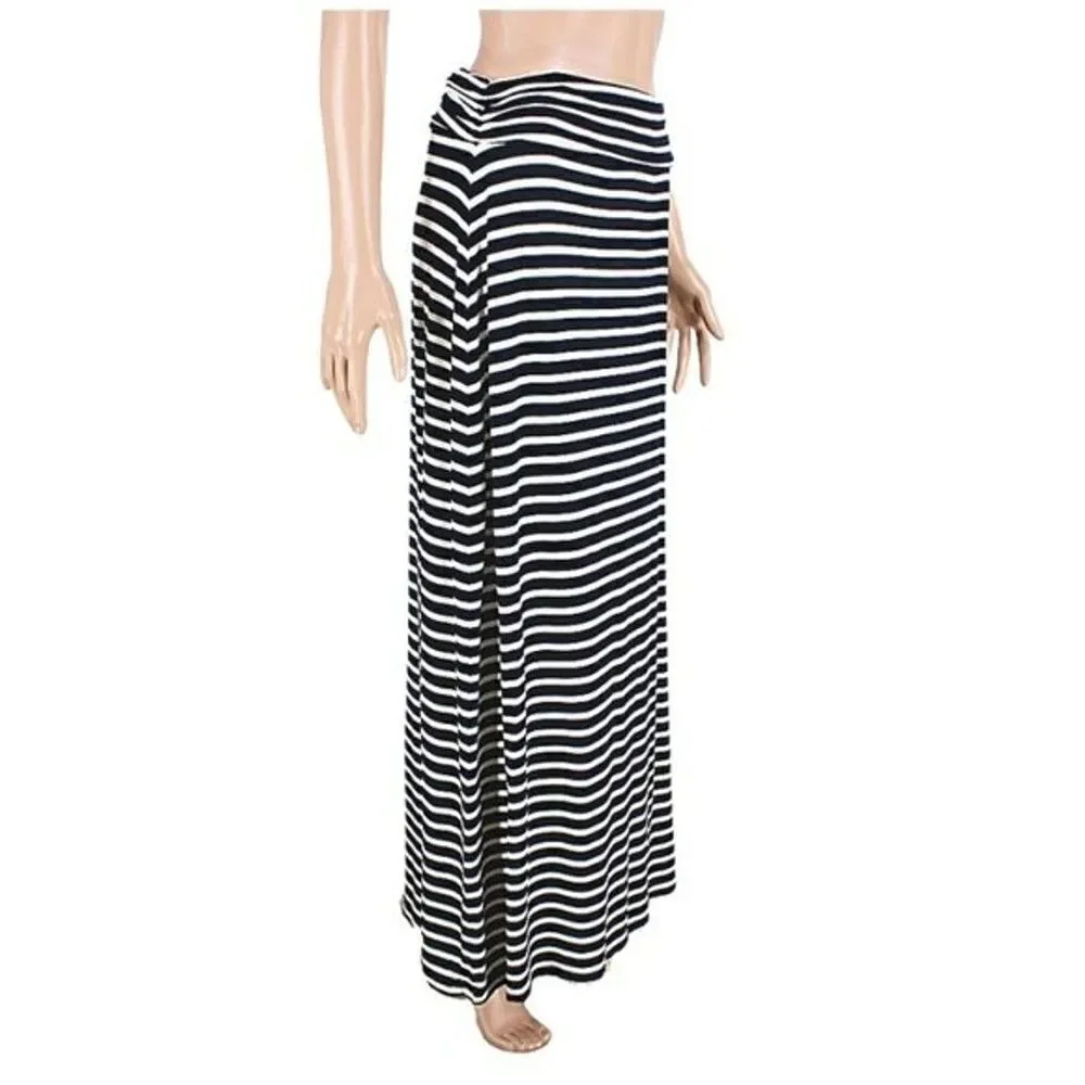 Maxi Skirt Striped Slouchy Waist Stretchy Jersey Knit Blue & White Size Small